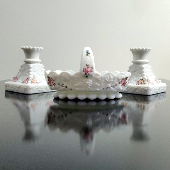 🎁2 Handpainted Paneled Grape White Milk Glass Beaded Single 1" Candlesticks - Picture 10 of 10